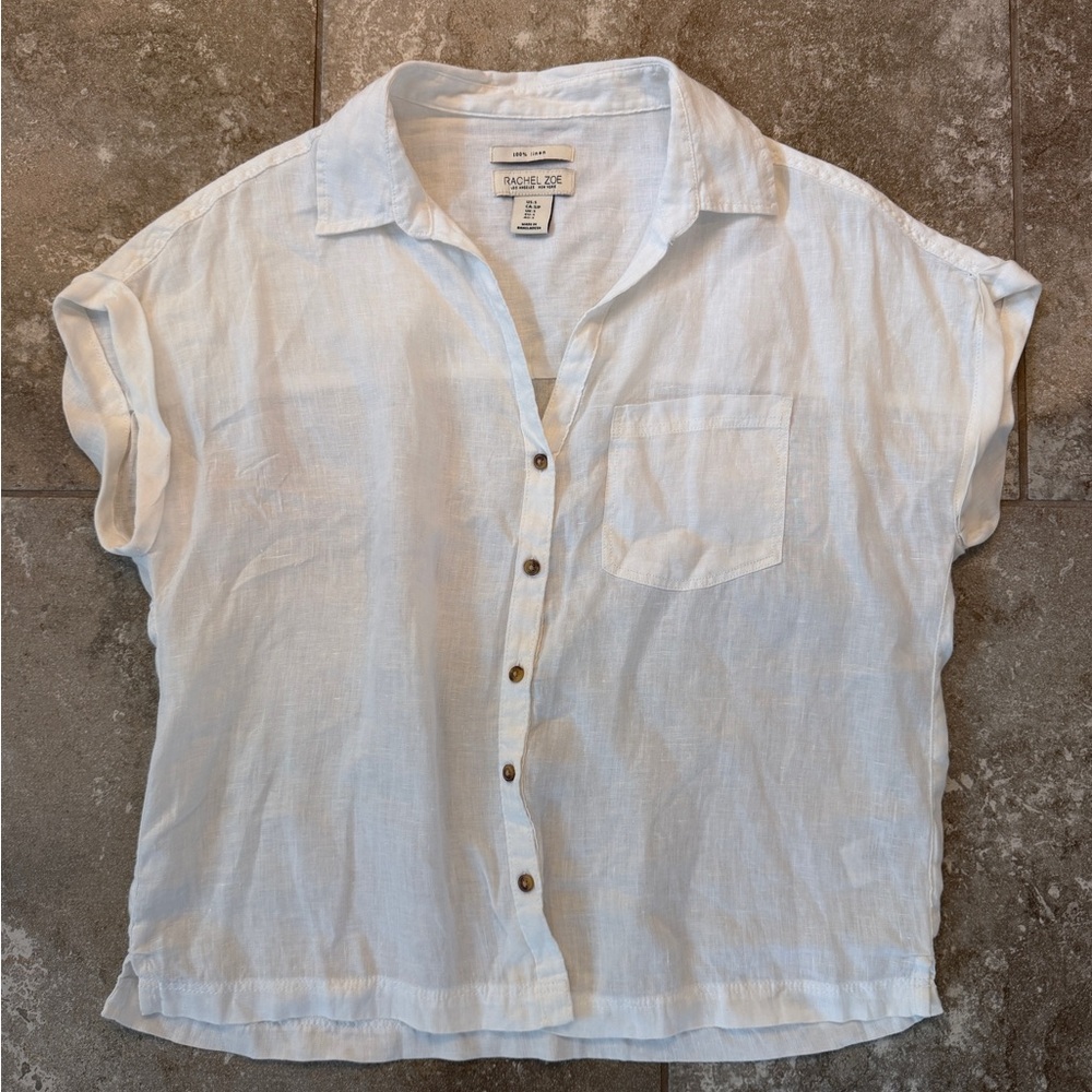 Rachel Zoe 100% Linen White Button Front Blouse Size Small
